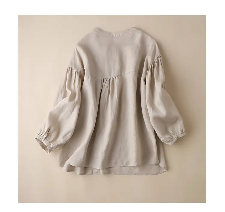 Women Linen Lantern Sleeve Shirt Beige Loose Fit — feature 13