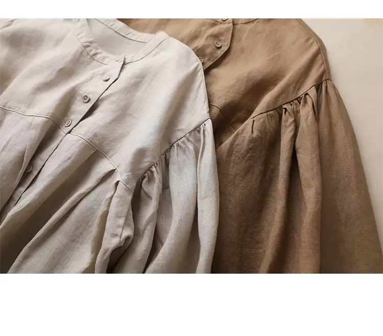 Women Linen Lantern Sleeve Shirt Beige Loose Fit — feature 5