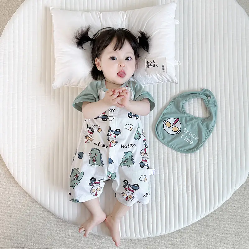 Baby Cotton Bib Romper Yellow Bear Print Summer - Image 11