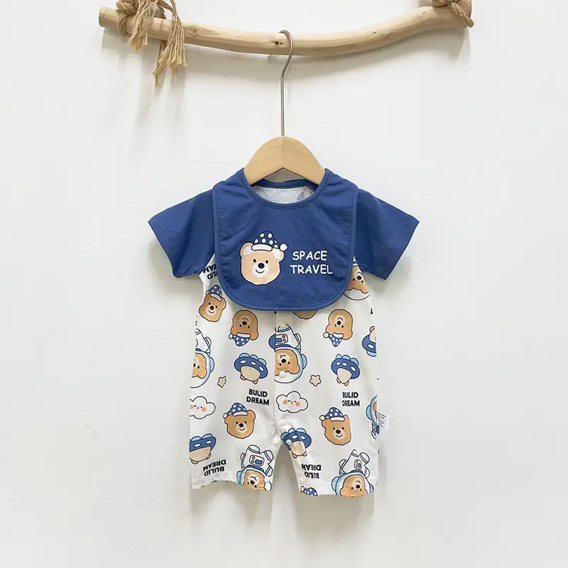 Baby Cotton Bib Romper Yellow Bear Print Summer - Image 12