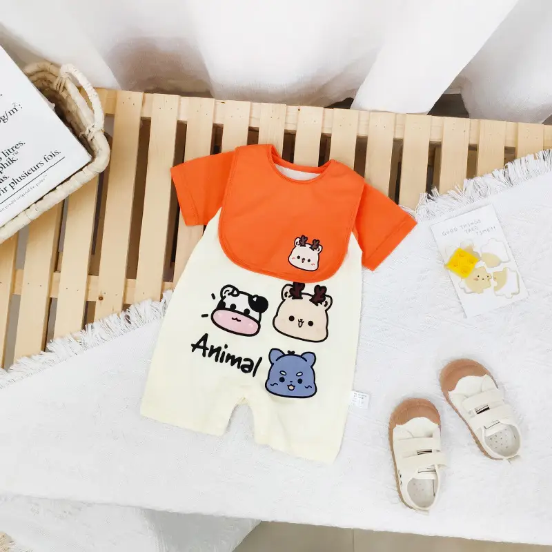 Baby Cotton Bib Romper Yellow Bear Print Summer - Image 2