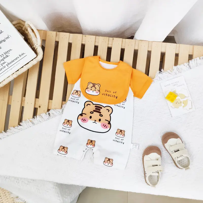 Baby Cotton Bib Romper Yellow Bear Print Summer - Image 3
