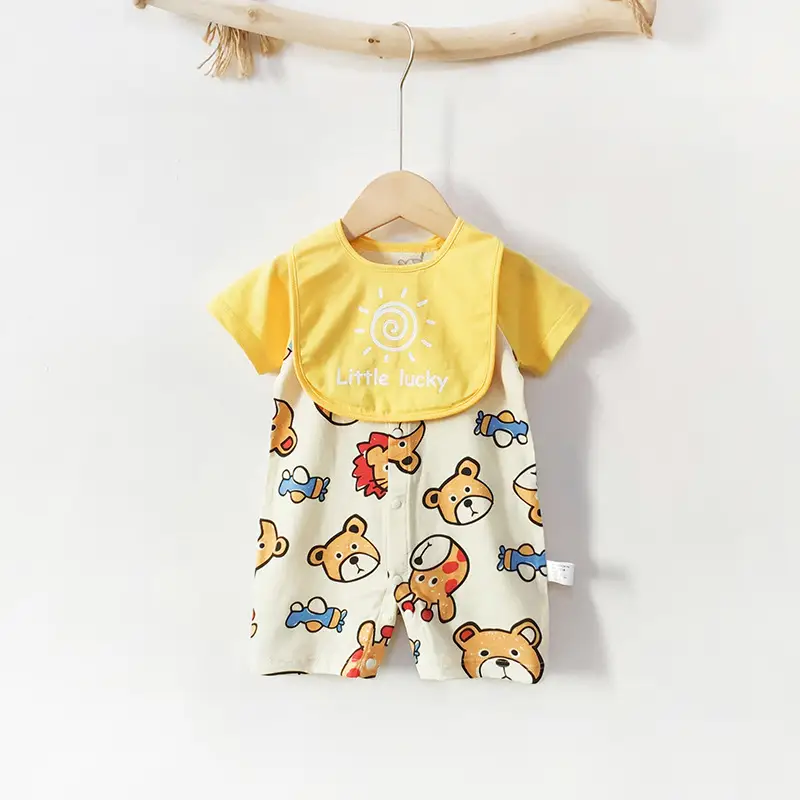 Baby Cotton Bib Romper Yellow Bear Print Summer - Image 7