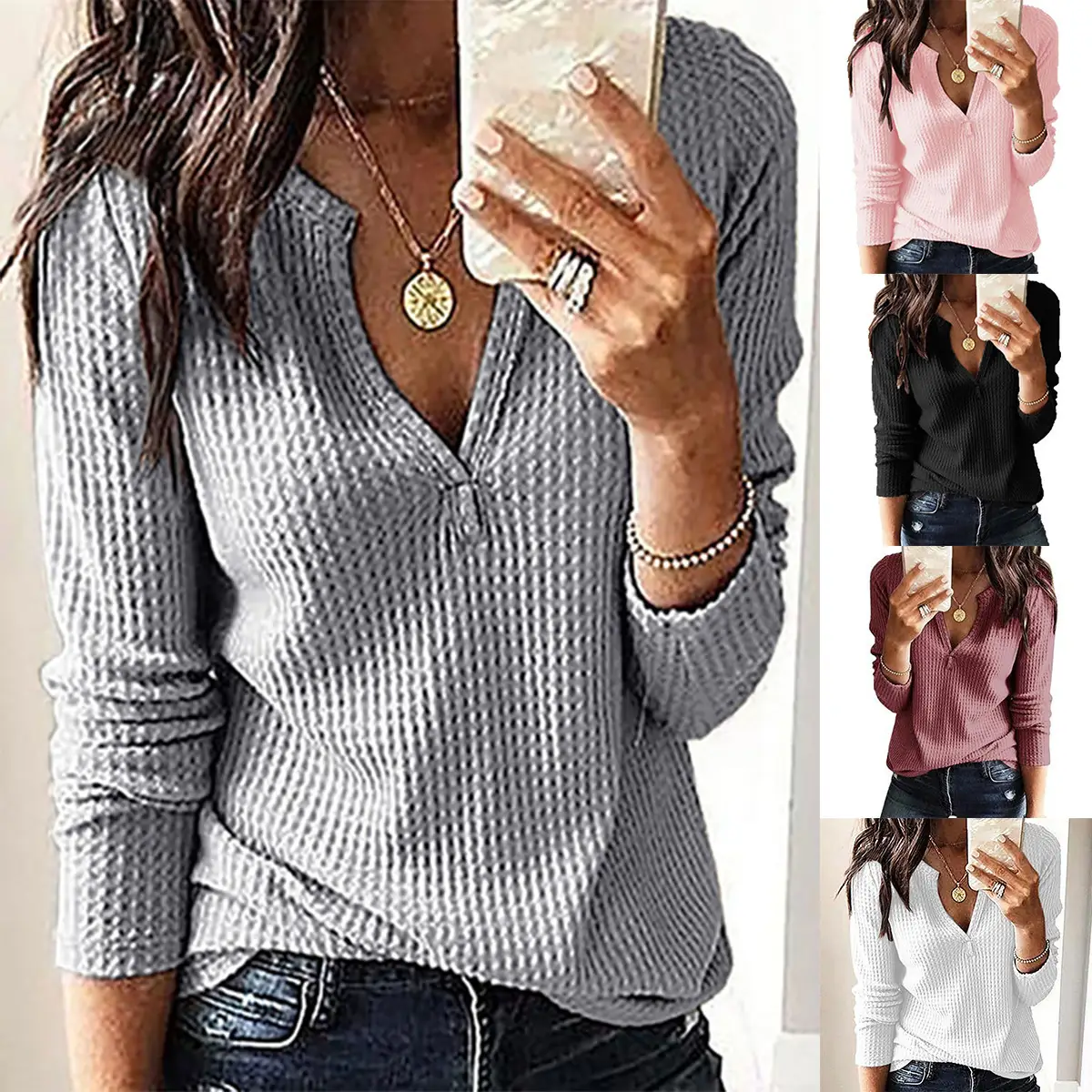 Women's V-Neck Waffle Top Long Sleeve T-Shirt - Image 6