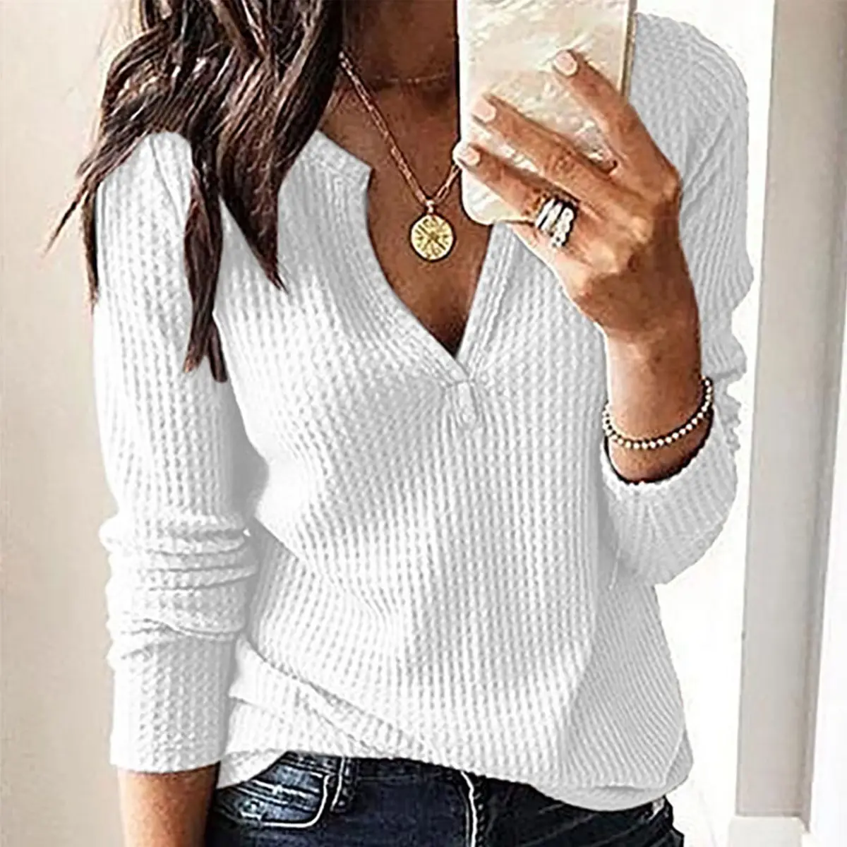Women's V-Neck Waffle Top Long Sleeve T-Shirt - Image 3