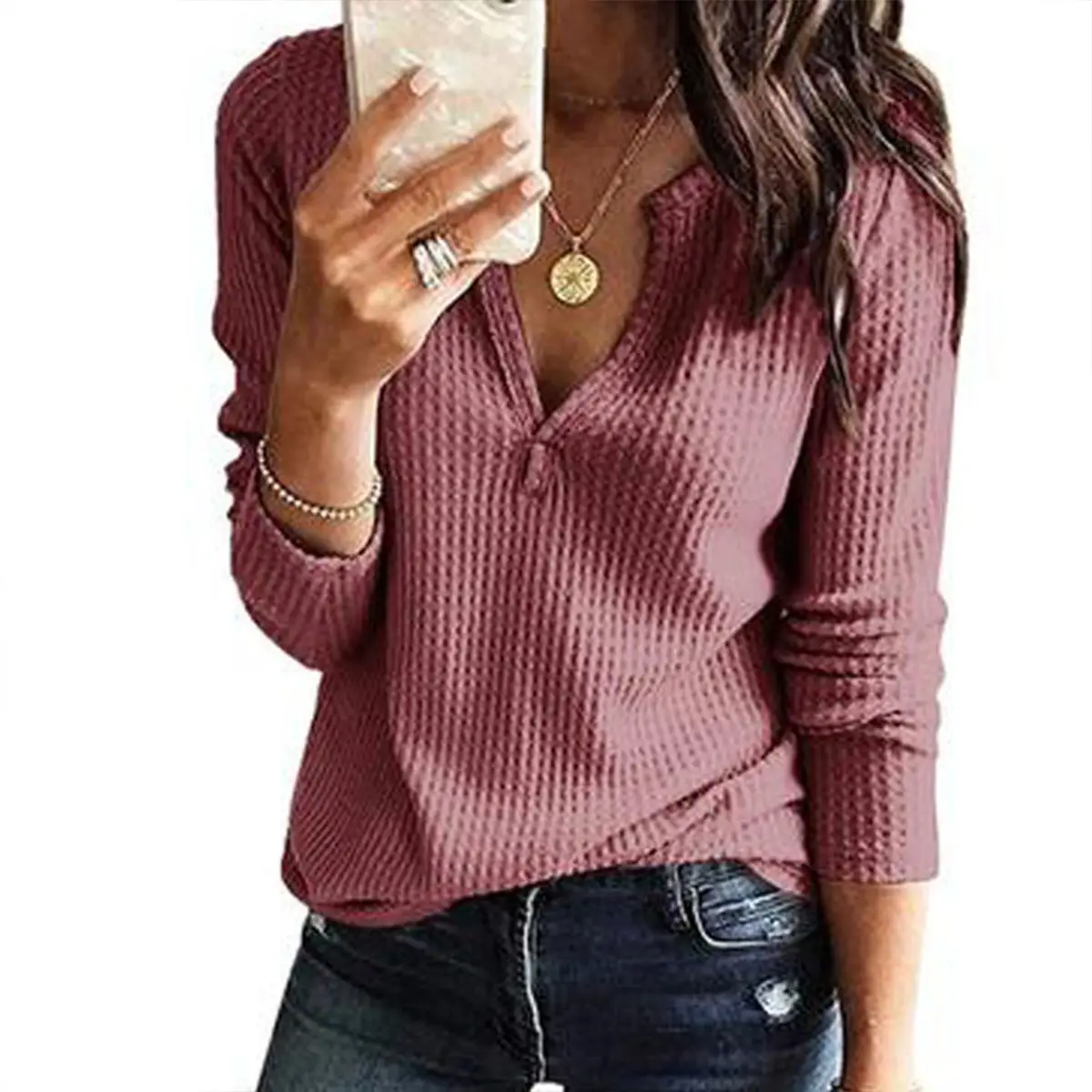 Women's V-Neck Waffle Top Long Sleeve T-Shirt - Image 7