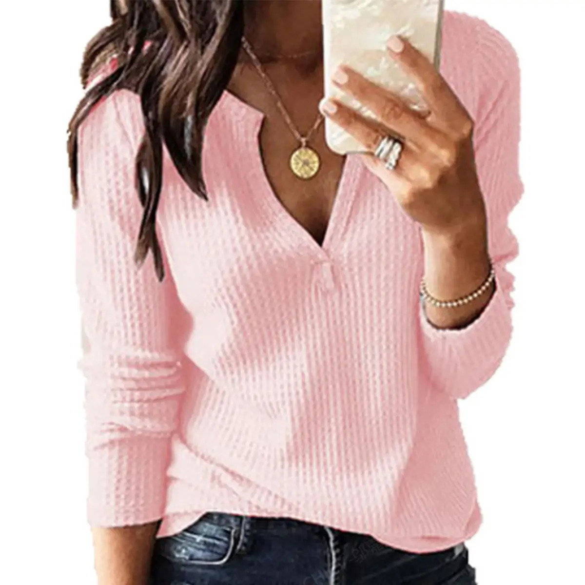 Women's V-Neck Waffle Top Long Sleeve T-Shirt - Image 2