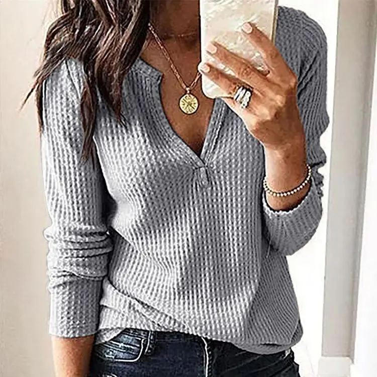 Women's V-Neck Waffle Top Long Sleeve T-Shirt - Image 4