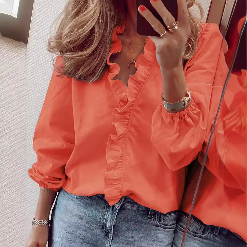 Women's Orange Ruffled Long Sleeve Top