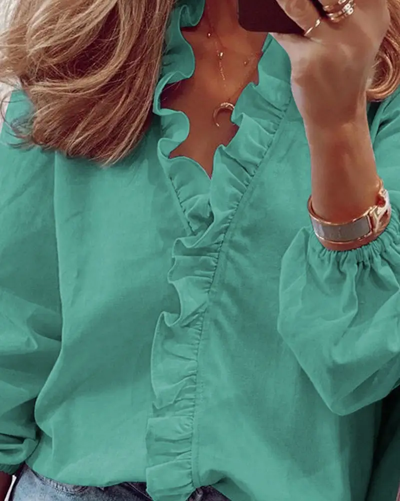 Women's Orange Ruffled Long Sleeve Top — feature 80