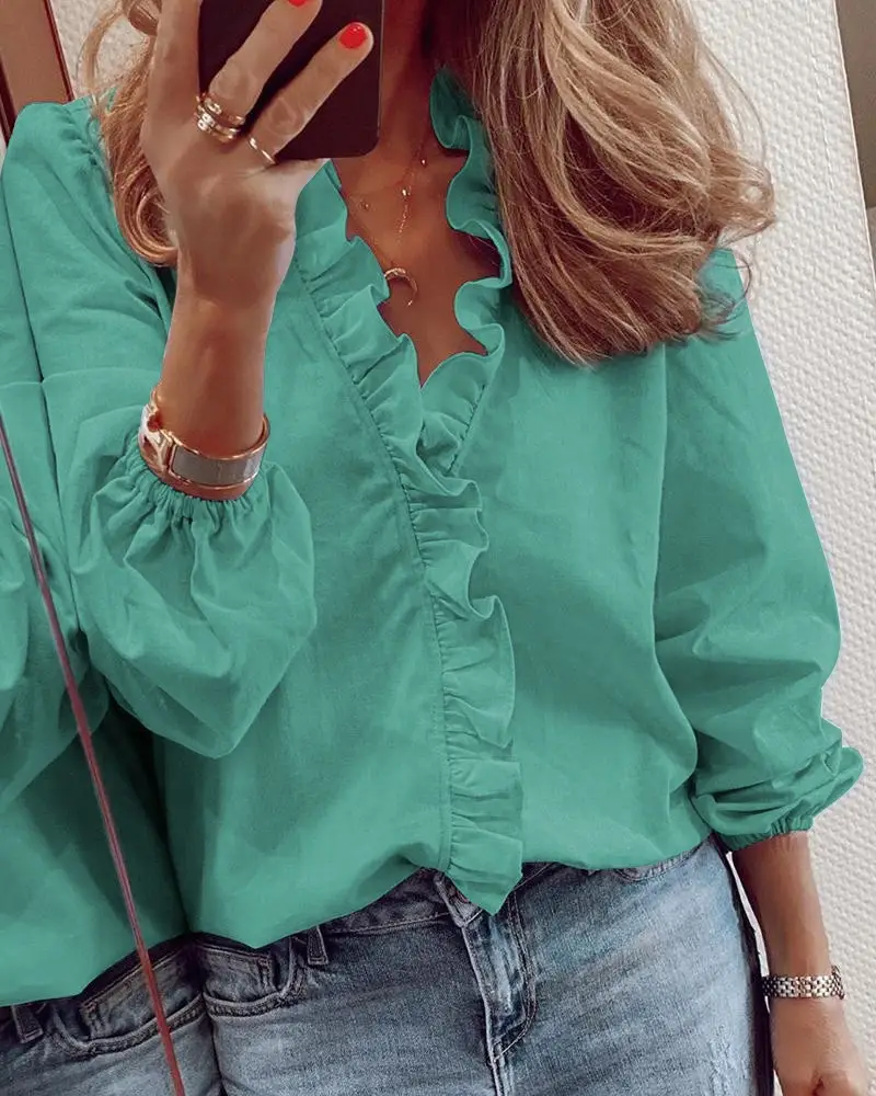 Women's Orange Ruffled Long Sleeve Top — feature 81