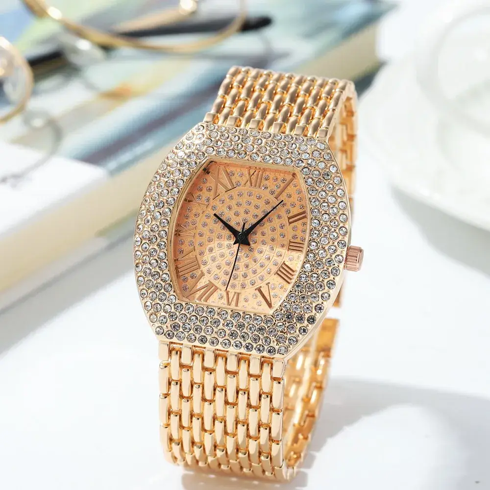 Gold Plated Diamond Watch with Roman Numeral Design