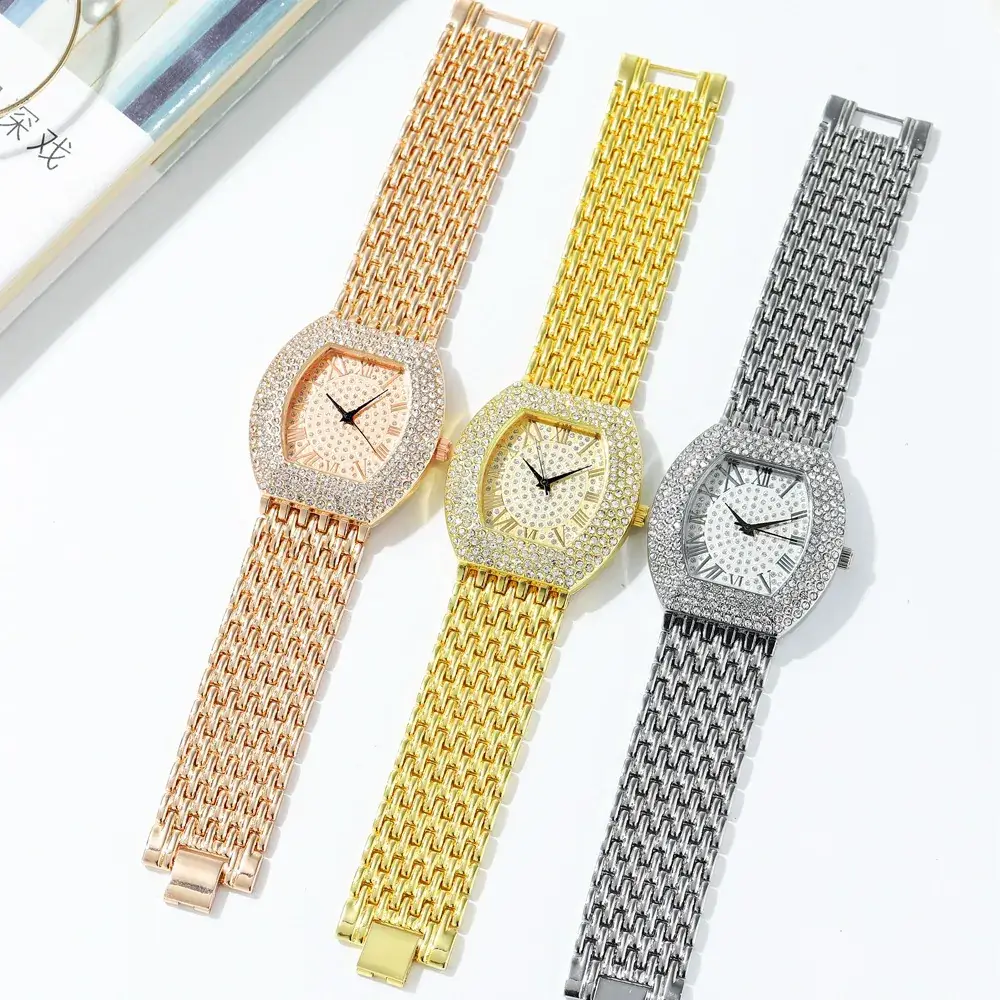 Gold Plated Diamond Watch with Roman Numeral Design