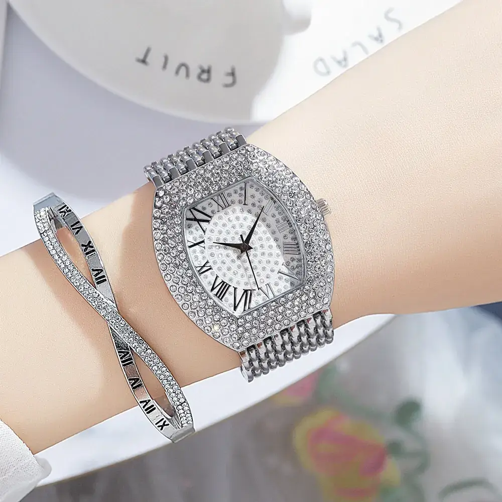 Gold Plated Diamond Watch with Roman Numeral Design