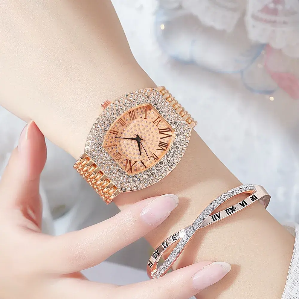 Gold Plated Diamond Watch with Roman Numeral Design