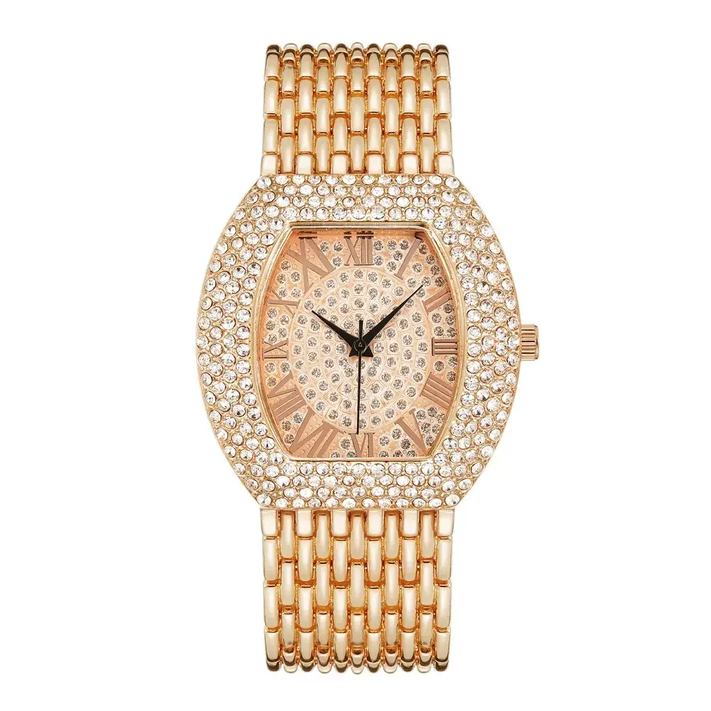 Gold Plated Diamond Watch with Roman Numeral Design