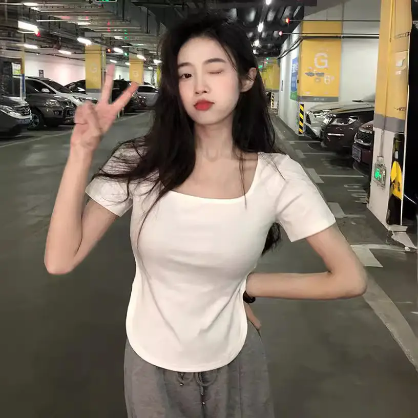 Women White Big U Neck Slimming T-Shirt - Image 3