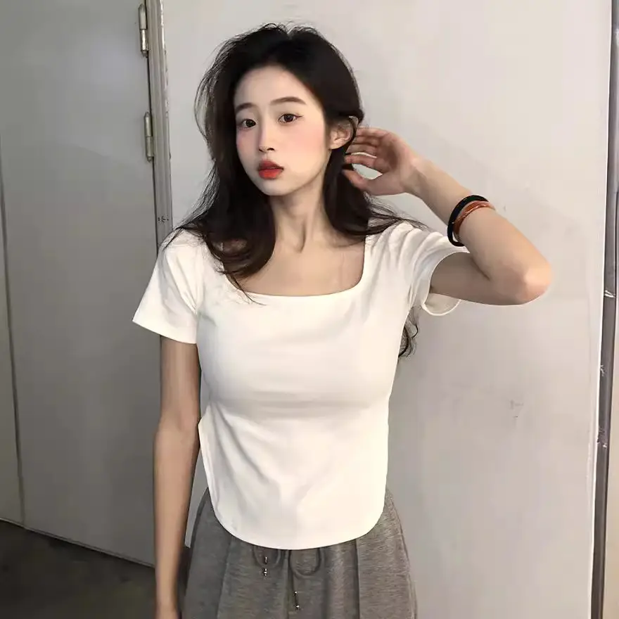 Women White Big U Neck Slimming T-Shirt - Image 5