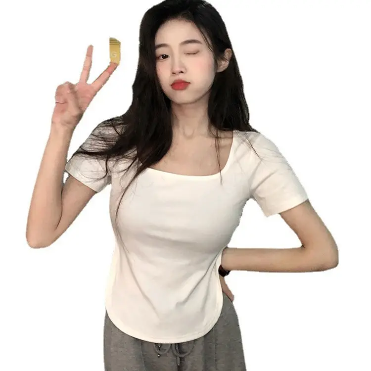 Women White Big U Neck Slimming T-Shirt - Image 7