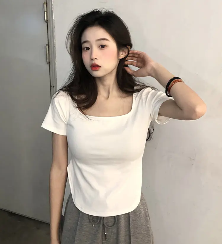 Women White Big U Neck Slimming T-Shirt — feature 10