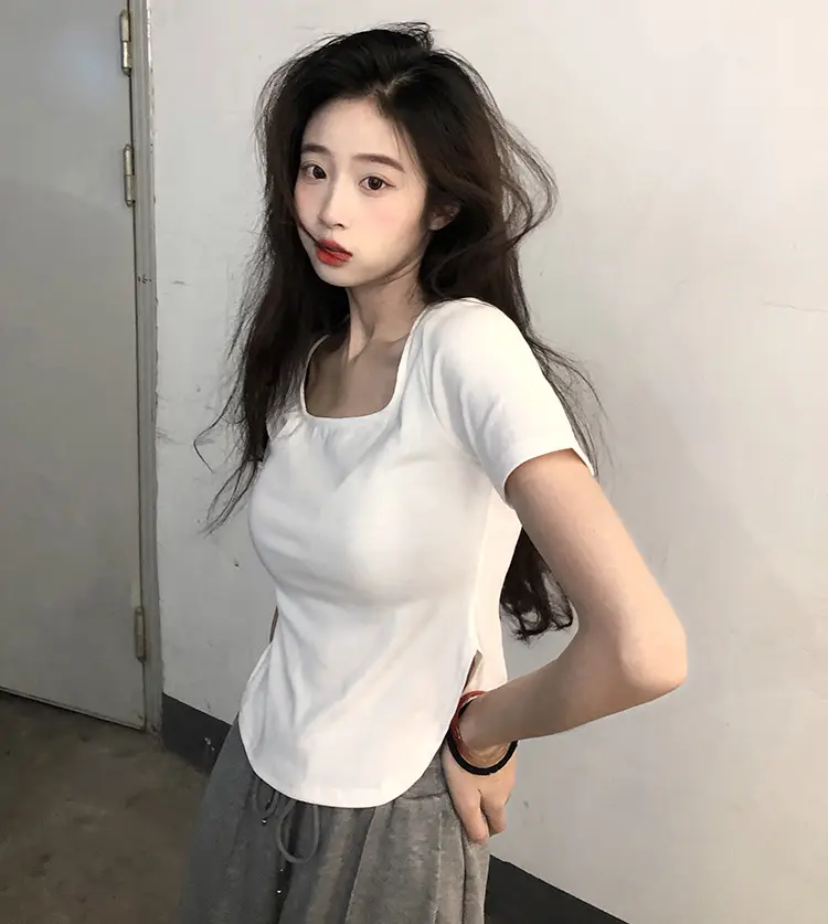 Women White Big U Neck Slimming T-Shirt — feature 11
