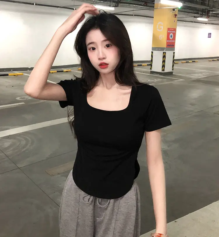 Women White Big U Neck Slimming T-Shirt — feature 13