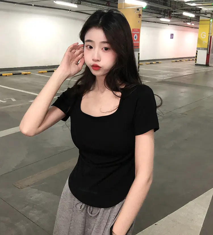 Women White Big U Neck Slimming T-Shirt — feature 14