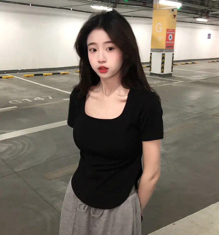 Women White Big U Neck Slimming T-Shirt — feature 16