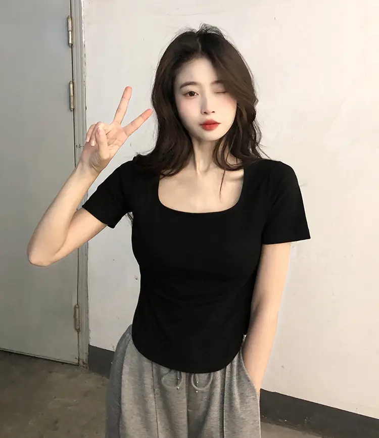 Women White Big U Neck Slimming T-Shirt — feature 17