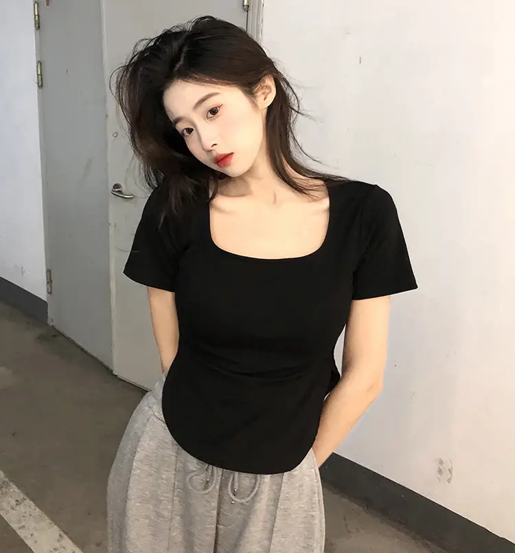 Women White Big U Neck Slimming T-Shirt — feature 18