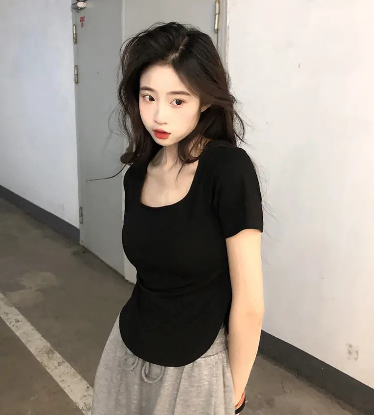 Women White Big U Neck Slimming T-Shirt — feature 19