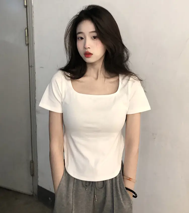 Women White Big U Neck Slimming T-Shirt — feature 2