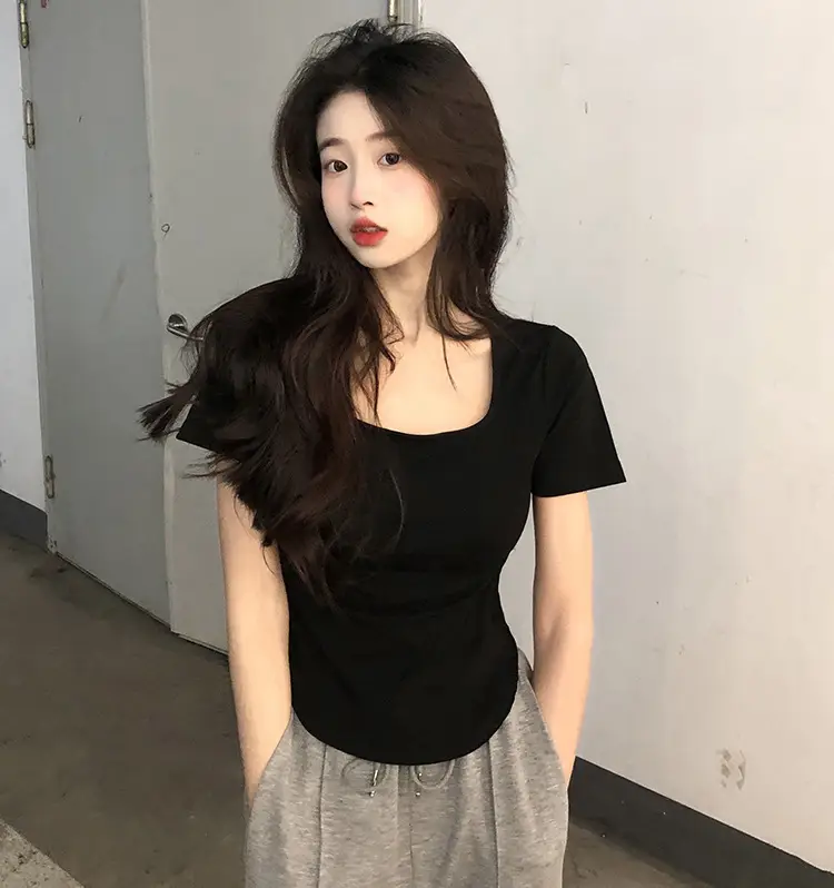 Women White Big U Neck Slimming T-Shirt — feature 21