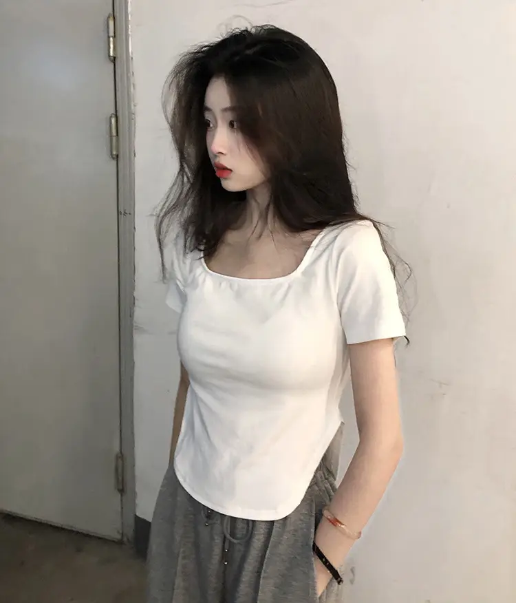 Women White Big U Neck Slimming T-Shirt — feature 3