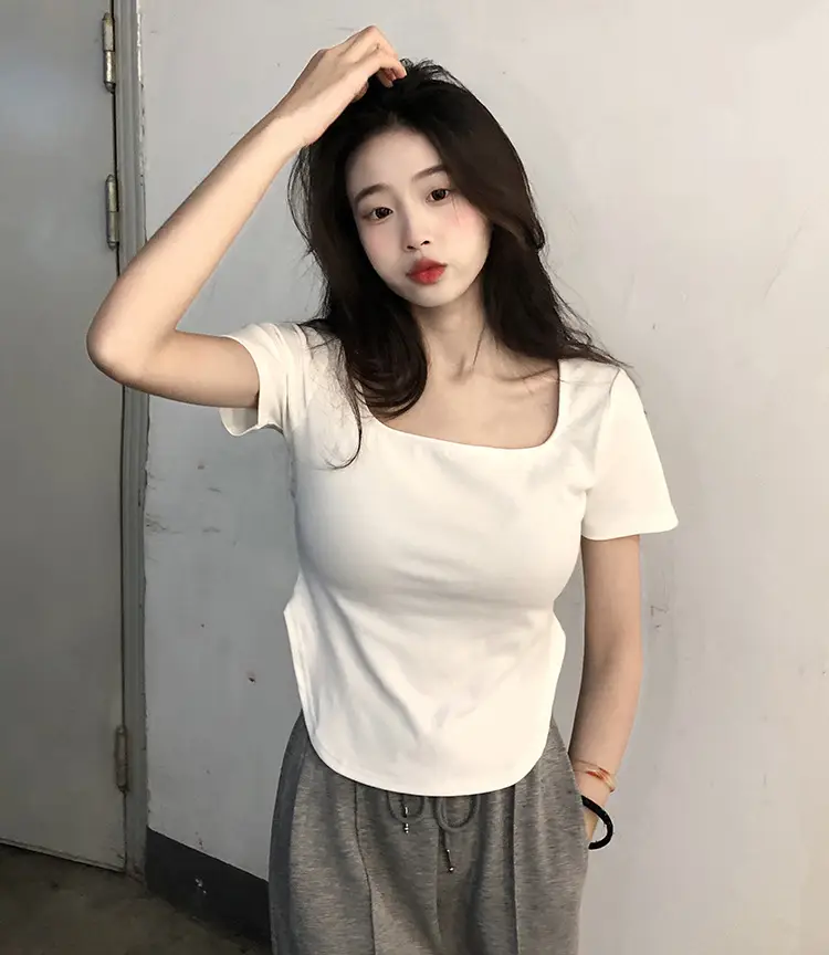 Women White Big U Neck Slimming T-Shirt — feature 4