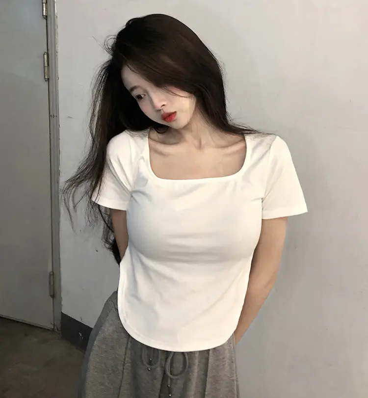 Women White Big U Neck Slimming T-Shirt — feature 5