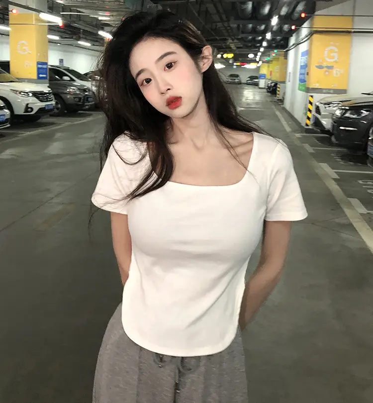 Women White Big U Neck Slimming T-Shirt — feature 6