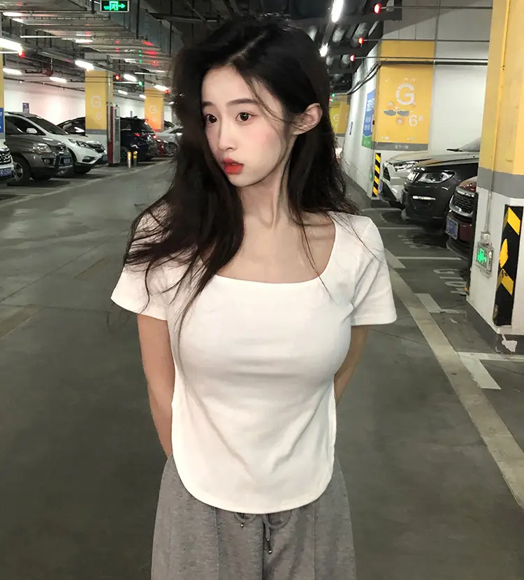 Women White Big U Neck Slimming T-Shirt — feature 7