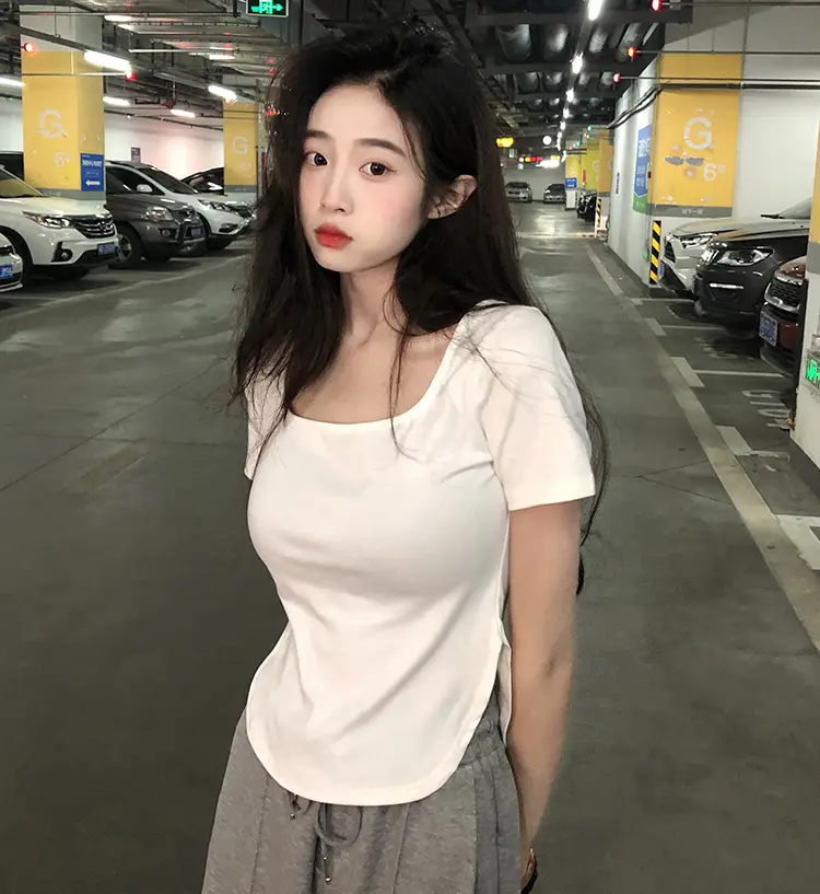 Women White Big U Neck Slimming T-Shirt — feature 8