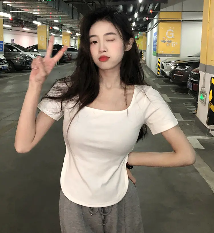 Women White Big U Neck Slimming T-Shirt — feature 9