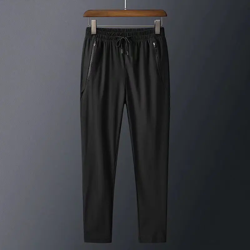 Men Ice Silk Elastic Waist Pants Black - Image 3