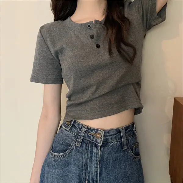 Women Button Short Sleeve Cotton T-Shirt Grey - Image 3