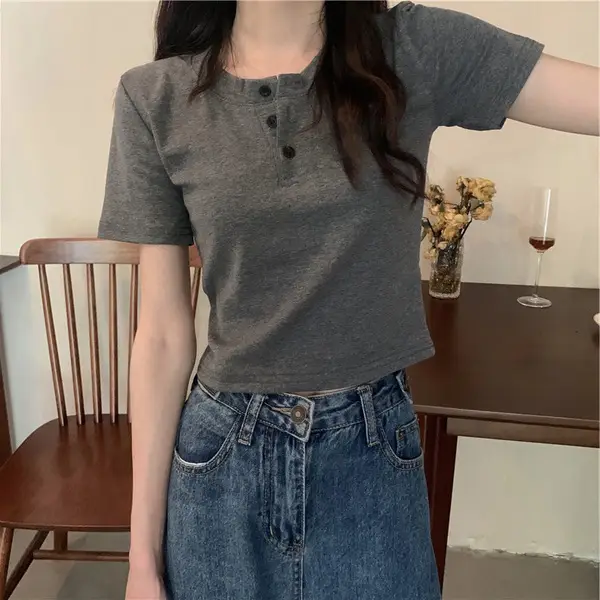 Women Button Short Sleeve Cotton T-Shirt Grey - Image 4