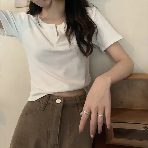 Women Button Short Sleeve Cotton T-Shirt Grey - Image 2