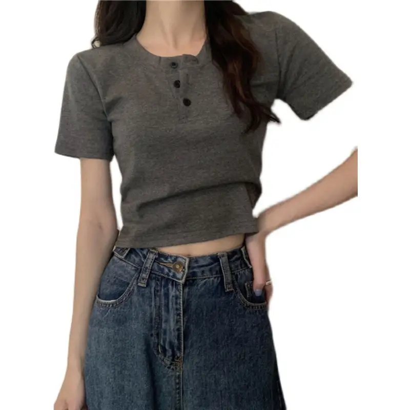Women Button Short Sleeve Cotton T-Shirt Grey - Image 5