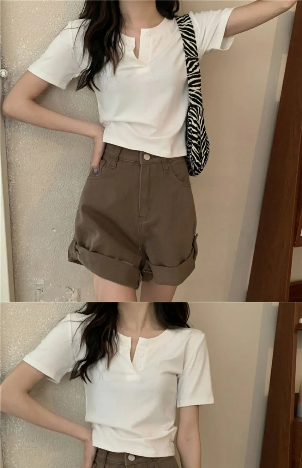 Women Button Short Sleeve Cotton T-Shirt Grey — feature 10