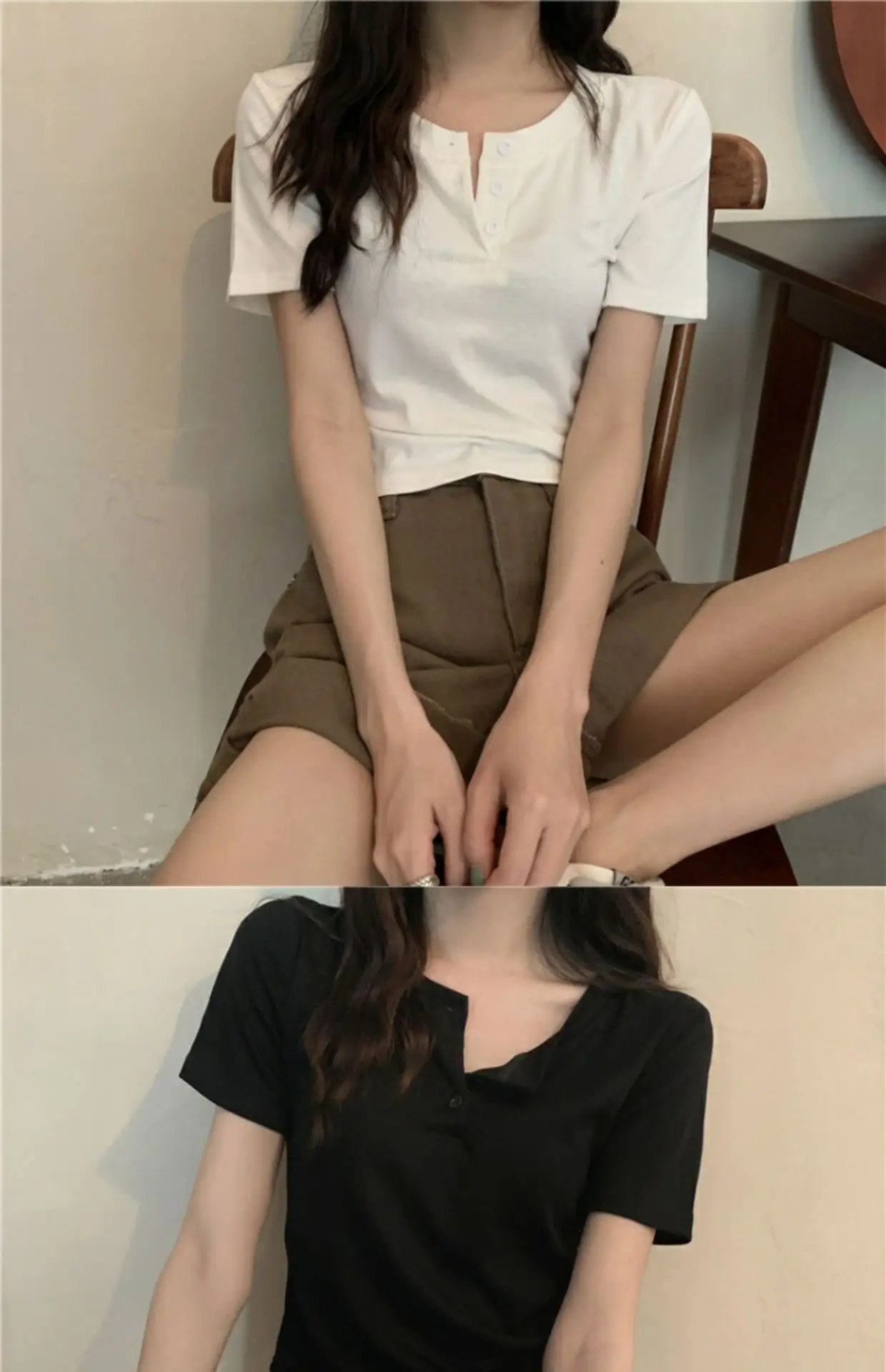 Women Button Short Sleeve Cotton T-Shirt Grey — feature 12