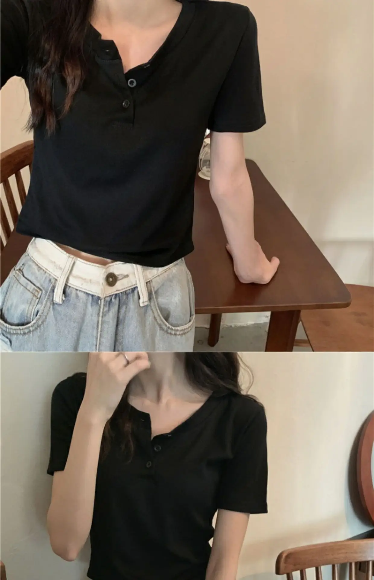 Women Button Short Sleeve Cotton T-Shirt Grey — feature 14
