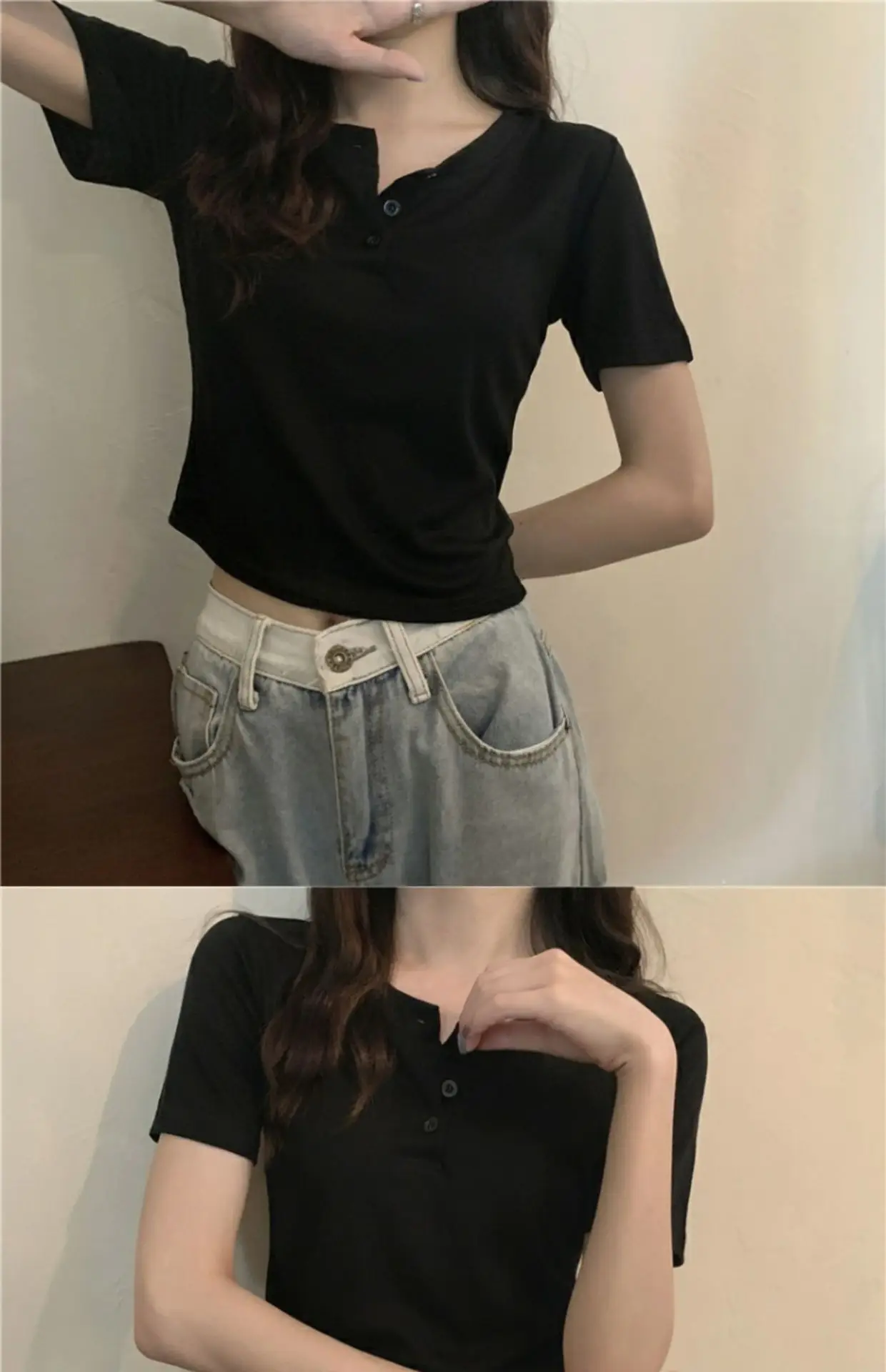 Women Button Short Sleeve Cotton T-Shirt Grey — feature 16