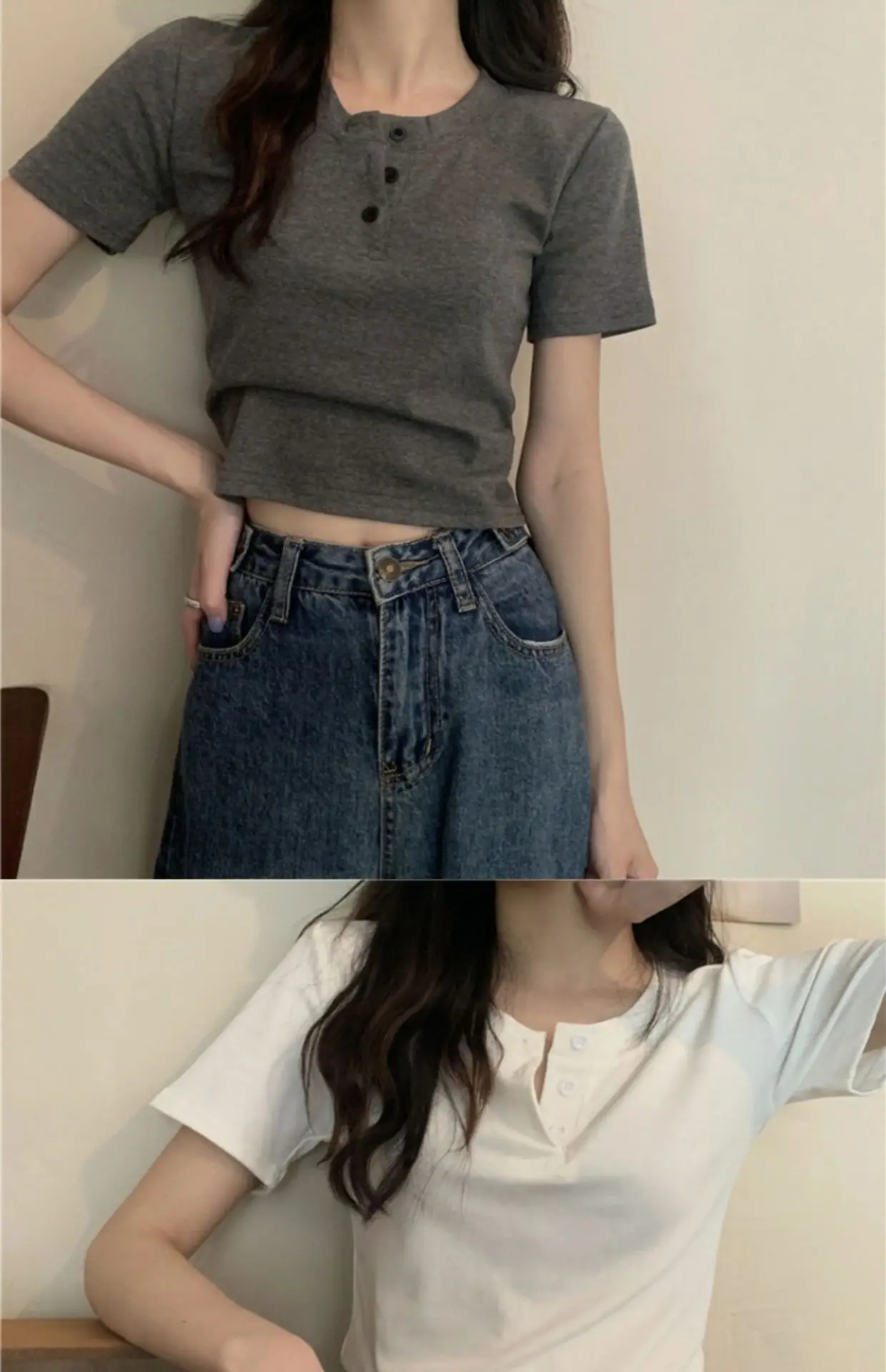 Women Button Short Sleeve Cotton T-Shirt Grey — feature 18